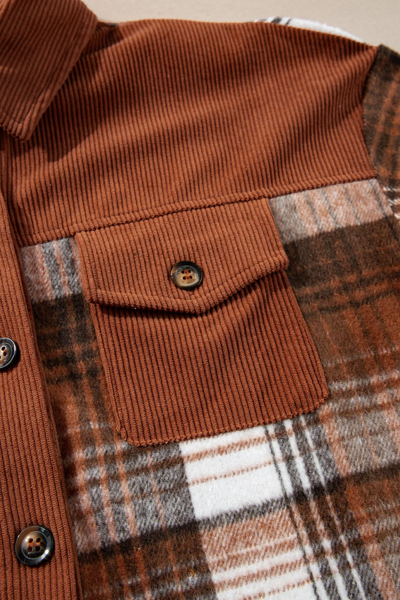 Load image into Gallery viewer, DLLS311 - Ladies Cinnamon Plaid Corduroy Patchwork Chest Pocket Shacket
