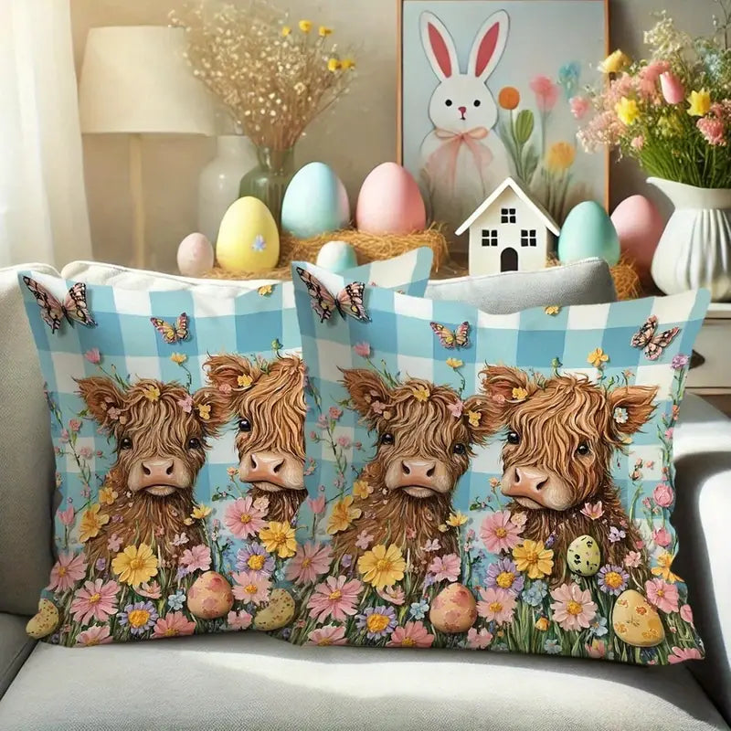 Load image into Gallery viewer, TMPL47 - Set of 2 - 18&quot; x 18&quot; Spring Highland Cow Throw Pillows
