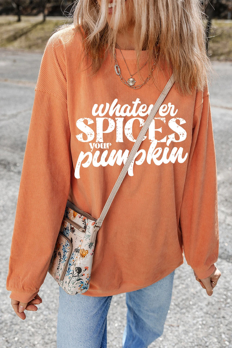 Load image into Gallery viewer, DLLS990 - Ladies Orange Whatever Spices Your Pumpkin Corded Pullover Sweatshirt
