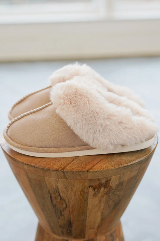 DLLSHOE 125 - Khaki Cut and Sew Faux Suede Plush Lined Slippers