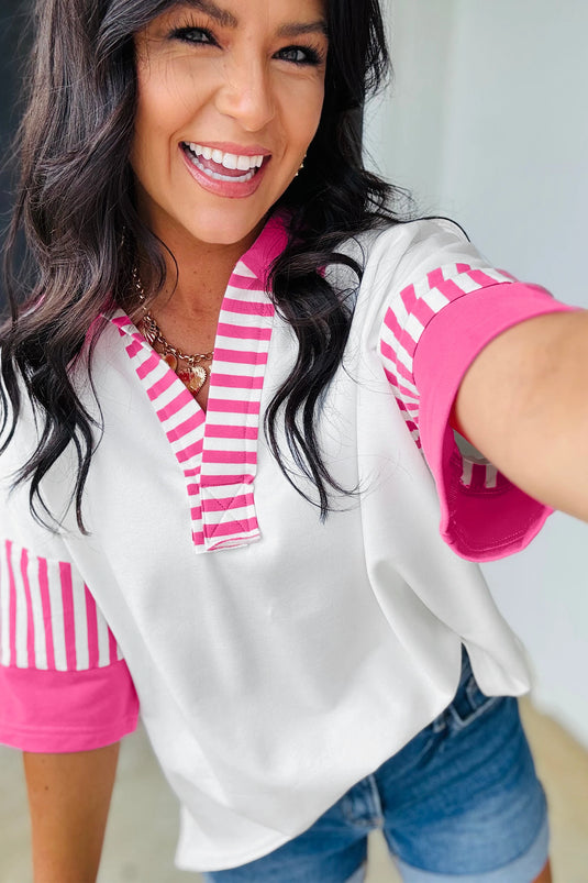 DLLS475 - Ladies White Striped Color Block Patchwork Half Sleeve T Shirt