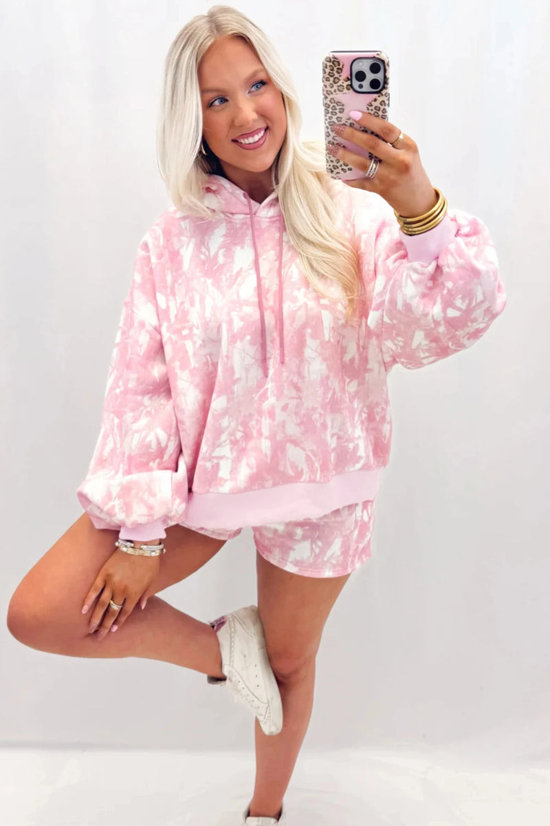 Load image into Gallery viewer, DLLS647 - Ladies Pink Long Sleeve Pullover Hoodie and Shorts Set with Elastic Waistband
