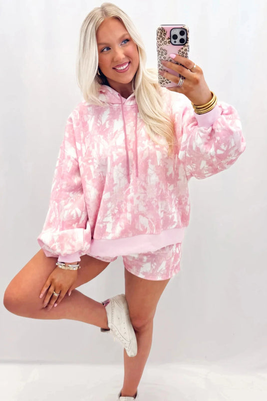 DLLS647 - Ladies Pink Long Sleeve Pullover Hoodie and Shorts Set with Elastic Waistband