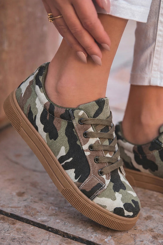 DLLSHOE 55 - Four Leaf Clover Camouflage Print Lace-Up Flat Shoes