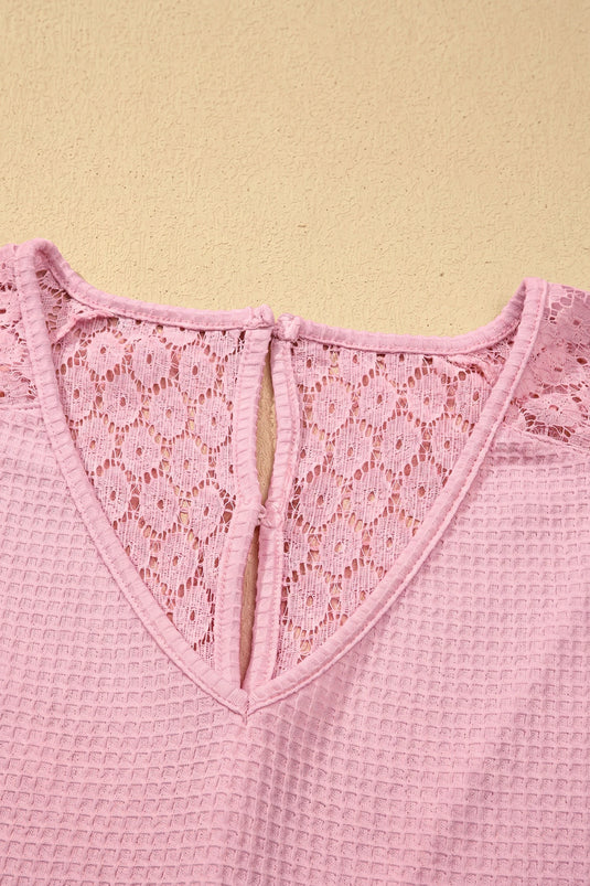 DLLS709 - Ladies Pink Lace Splicing Button Cutout V Neck Waffle Knit Blouse