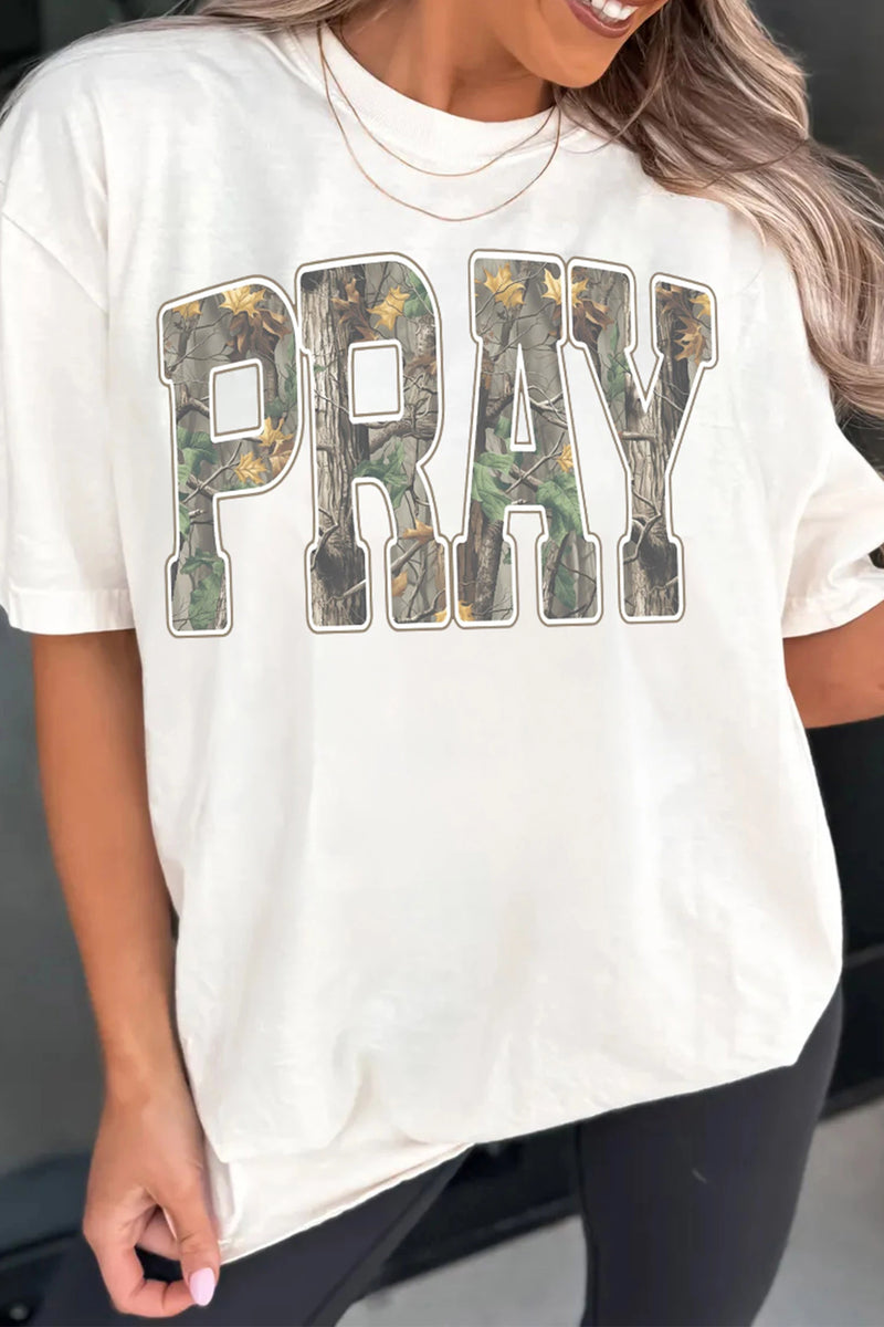 Load image into Gallery viewer, DLLS792 - Ladies White PRAY Camo Letter Print Casual Round Neck T Shirt
