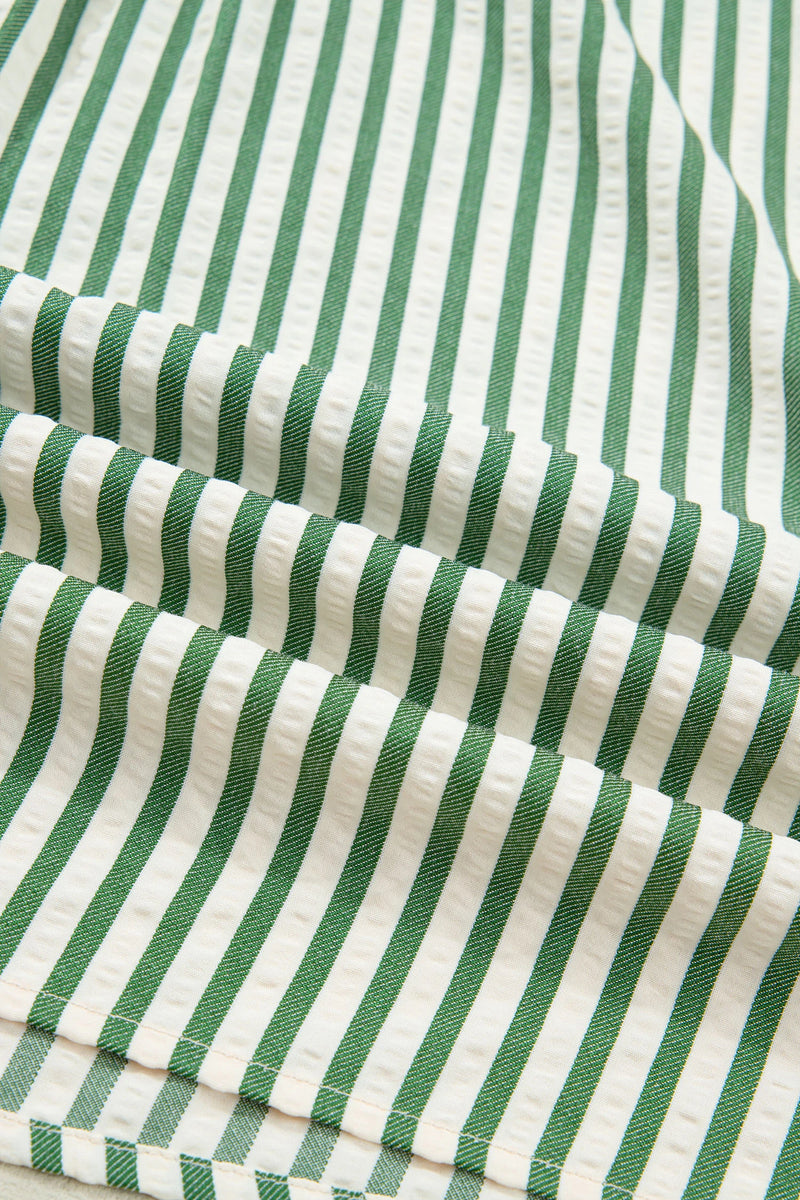 Load image into Gallery viewer, DLLS432 - Ladies Green Stripe Collared Split Neck Short Bubble Sleeve Blouse
