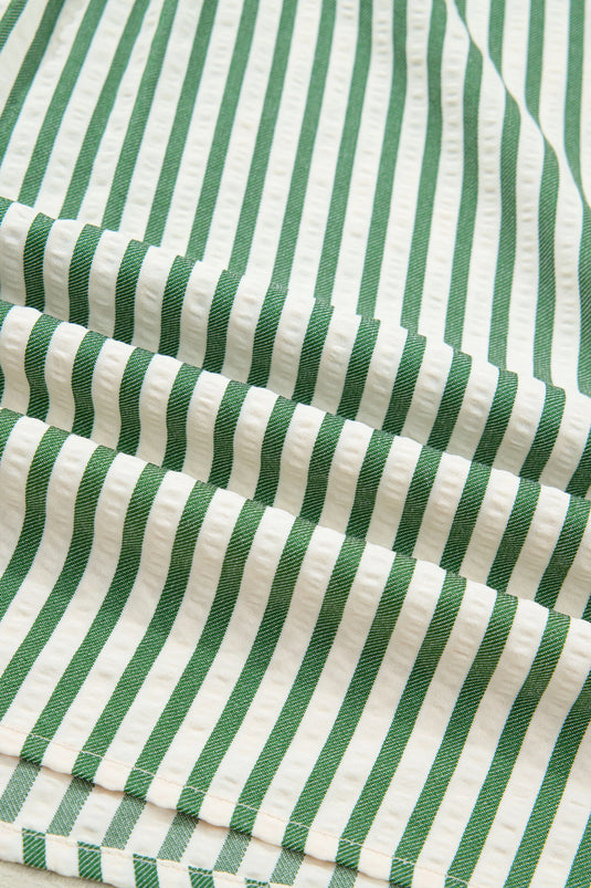 DLLS432 - Ladies Green Stripe Collared Split Neck Short Bubble Sleeve Blouse