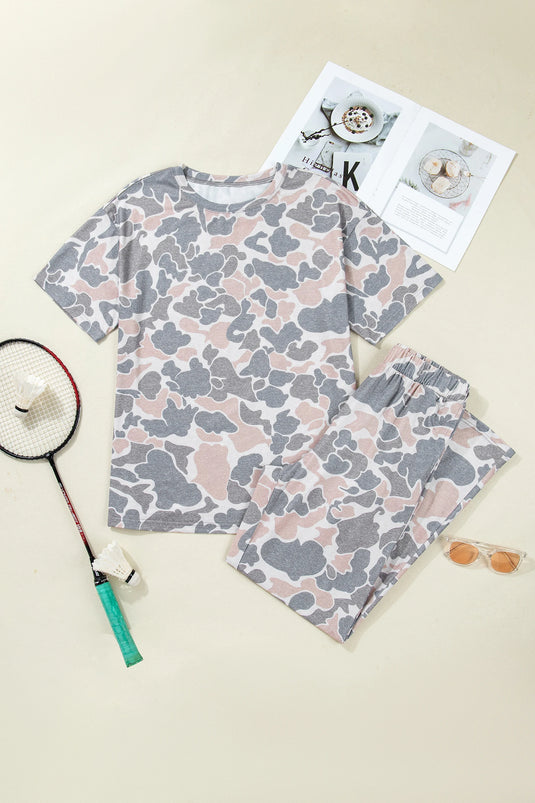DLLS575 - Ladies Multicolor Camouflage Top and High Waist Wide Leg Pants Set
