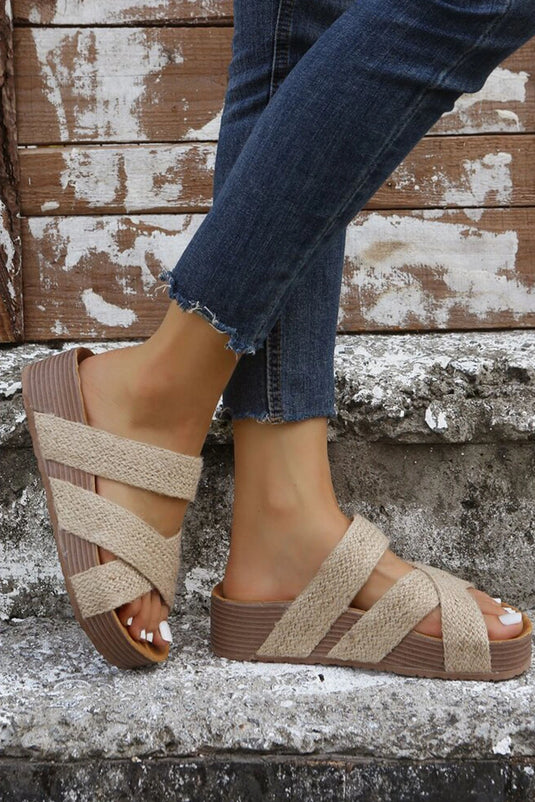 DLLSHOE 97 - Beige Woven Cross Criss Hollowed Slip-On Slippers
