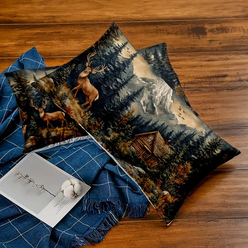 Load image into Gallery viewer, TMPL143 - 2 Piece Set - 12&quot; x 20&quot; Deer &amp; Cabin Throw Pillows
