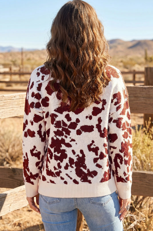 DLLS1024 - Ladies Brown Cow Pattern Long Sleeve Round Neck Pullover Knitwear Sweater