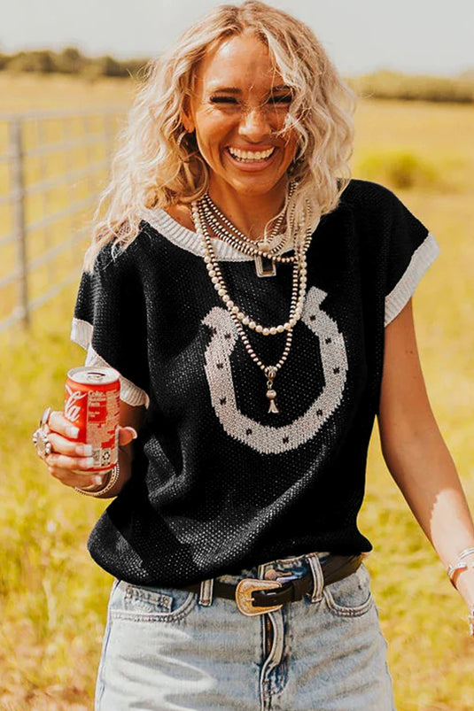 DLLS255 - Ladies Black Horse Shoe Pattern Contrast Trim Short Sleeve Sweater