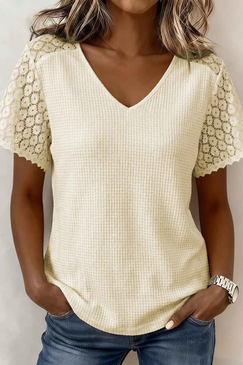 Load image into Gallery viewer, DLLS605 - Ladies Beige Lace Splicing Button Cutout V Neck Waffle Knit Blouse
