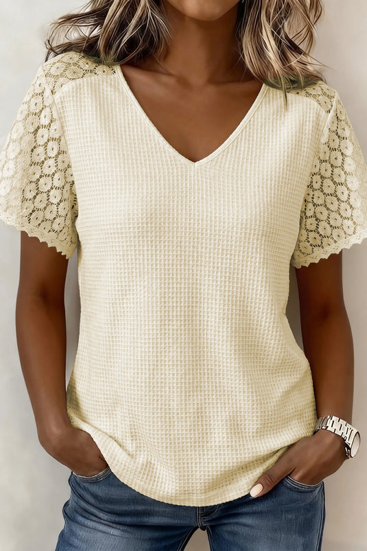 DLLS605 - Ladies Beige Lace Splicing Button Cutout V Neck Waffle Knit Blouse
