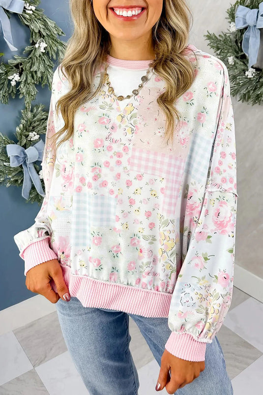 DLLS728 - Ladies Pink Twisted Ribbed Trim Floral Print Patchwork Pullover Sweatshirt