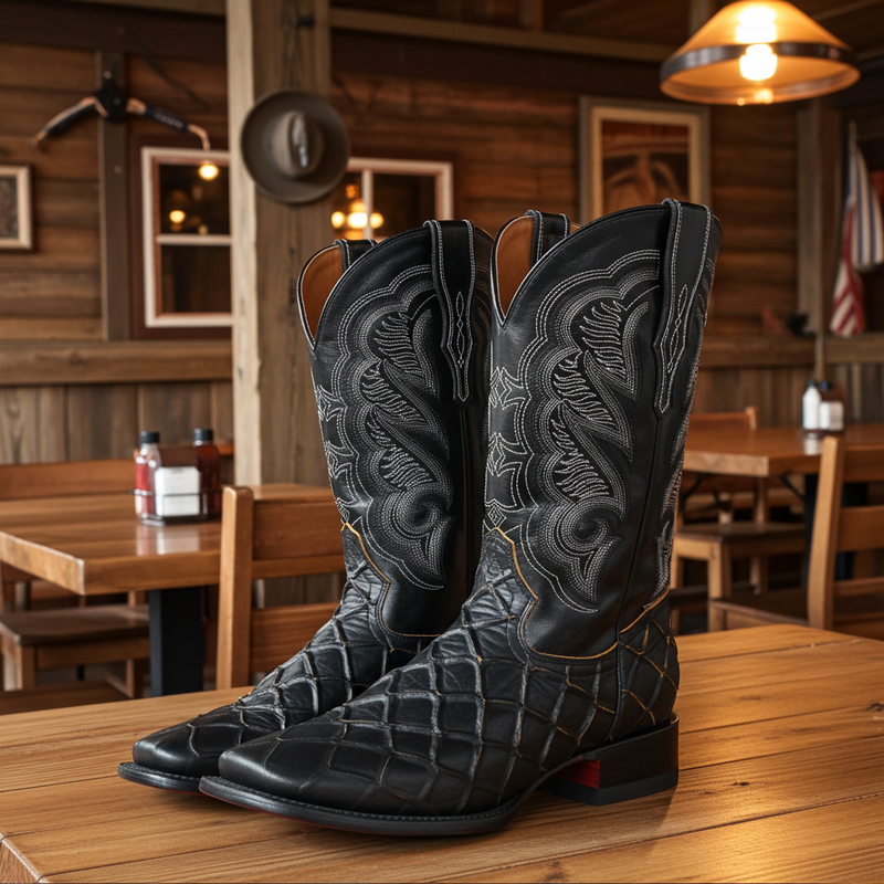 Load image into Gallery viewer, CP1702 - Cowboy Prayer Pirarucu Print w/Yellow Underlay Cowboy Boots
