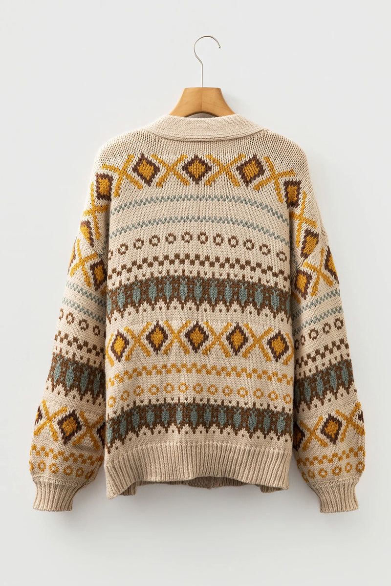 Load image into Gallery viewer, DLLS165 - Ladies Khaki Western Pattern Knitted Button V Neck Cardigan Sweater

