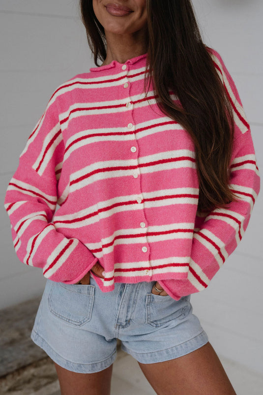 DLLS823 - Ladies Pink Stripe Striped Drop Shoulder Button Cardigan