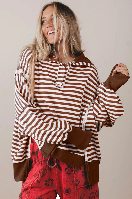 DLLS1087 - Ladies Brown Stripe Color Block Trim Raw Seam Split Hem Loose Pullover Sweatshirt