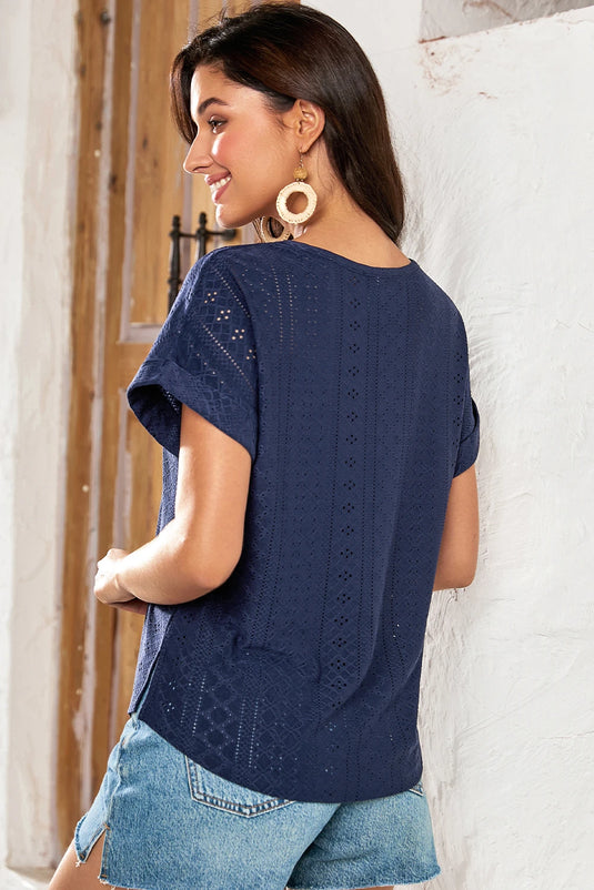 DLLS441 - Ladies Navy Blue Solid Color Eyelet Jacquard Cuffed Short Sleeve Top