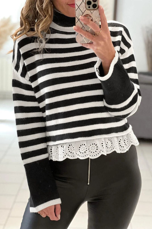 DLLS1077 - Ladies Black Striped High Neck Contrast Ruffle Detail Casual Sweater