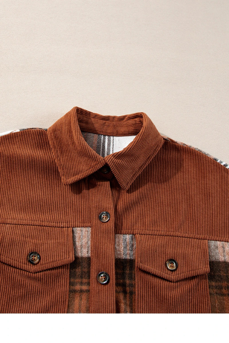 Load image into Gallery viewer, DLLS311 - Ladies Cinnamon Plaid Corduroy Patchwork Chest Pocket Shacket
