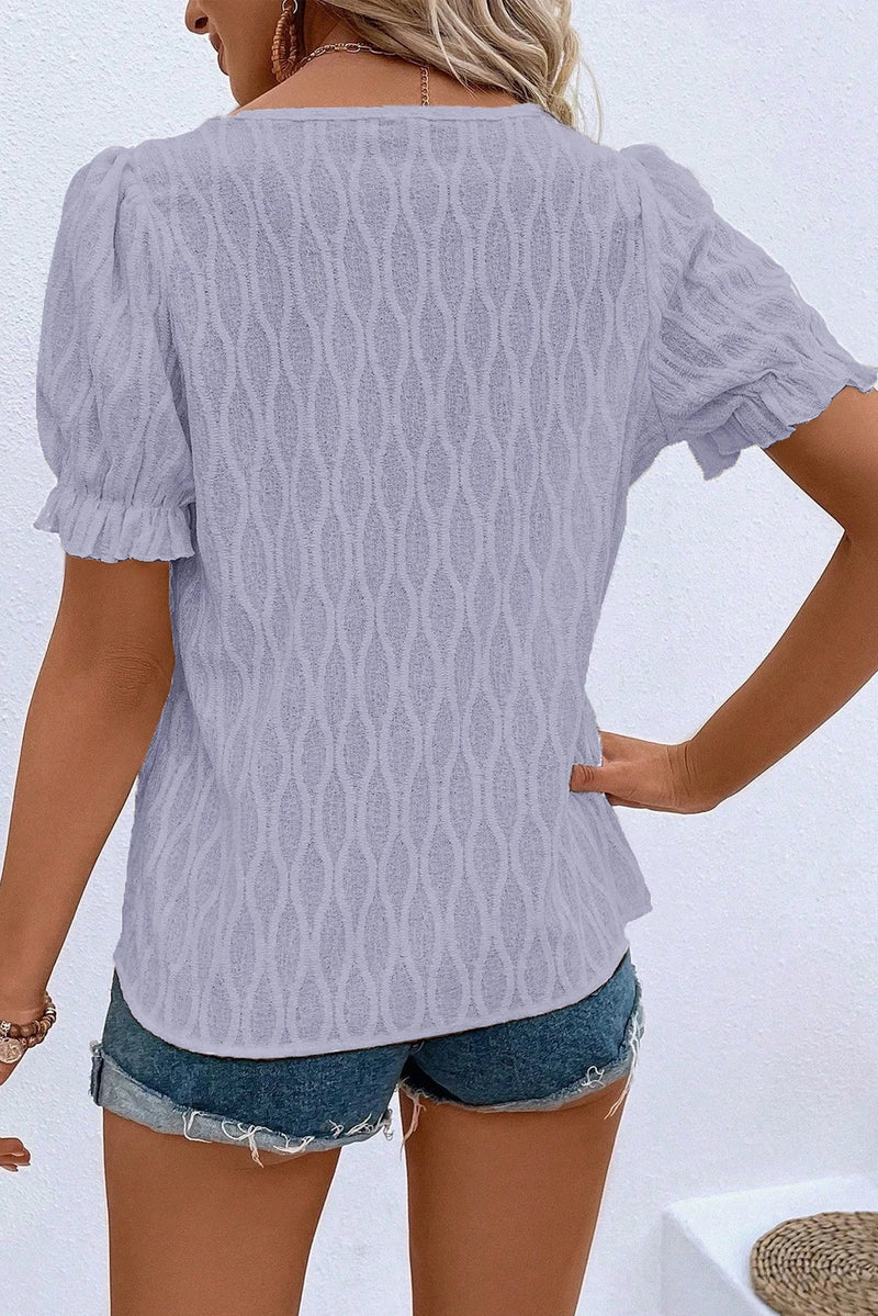 Load image into Gallery viewer, DLLS359 - Ladies Lilac Solid Color Textured Notched Neck Puff Sleeve Blouse
