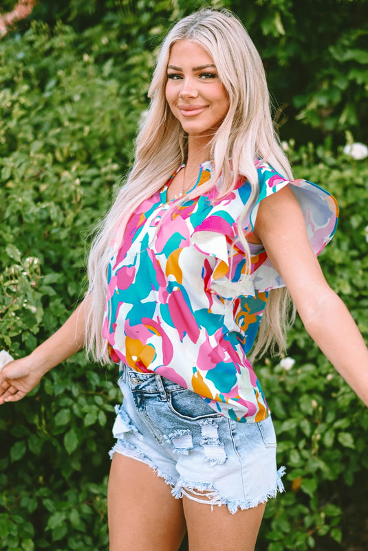 DLLS568 - Ladies Multicolor Abstract Print Notched Neck Flutter Sleeve Blouse