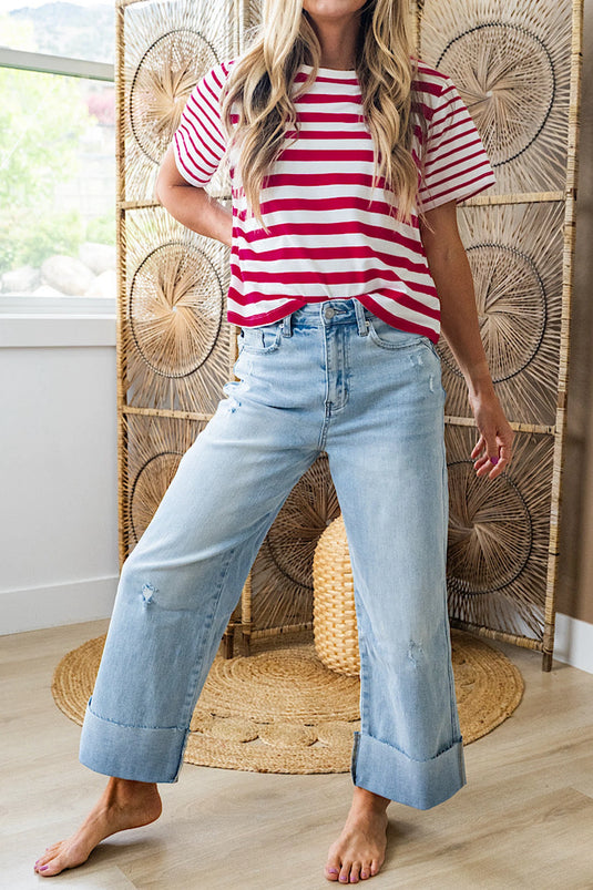 DLLS530 - Ladies Red Stripe Patchwork Round Neck T Shirt