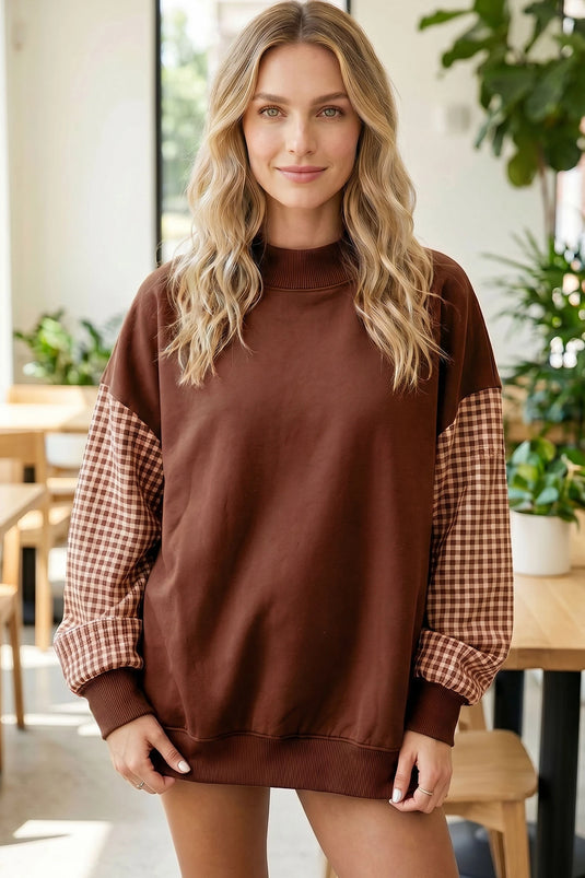 DLLS866 - Ladies Coffee Plaid Sleeve Colorblock Loose Tunic Sweatshirt