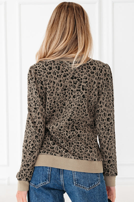 DLLS301 - Ladies Khaki Ribbed Trim Leopard Print Long Sleeve Top