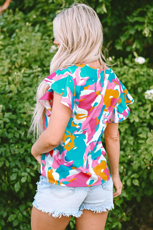 DLLS568 - Ladies Multicolor Abstract Print Notched Neck Flutter Sleeve Blouse