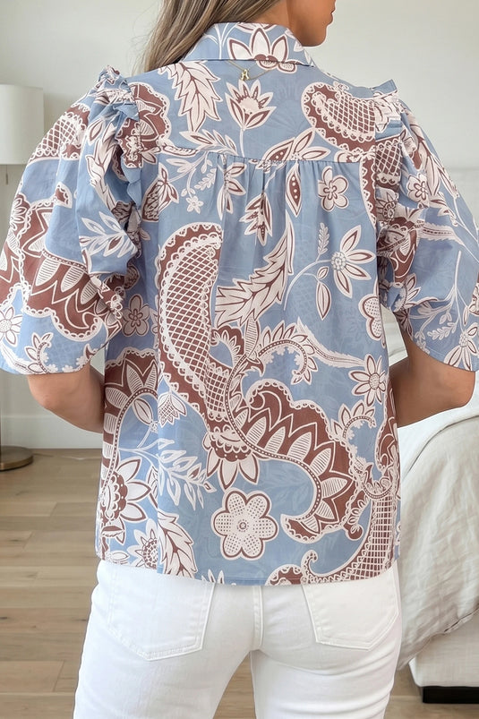 DLLS670 - Ladies Sky Blue Boho Floral Print Scalloped Trim Button-Down Short Sleeve Shirt