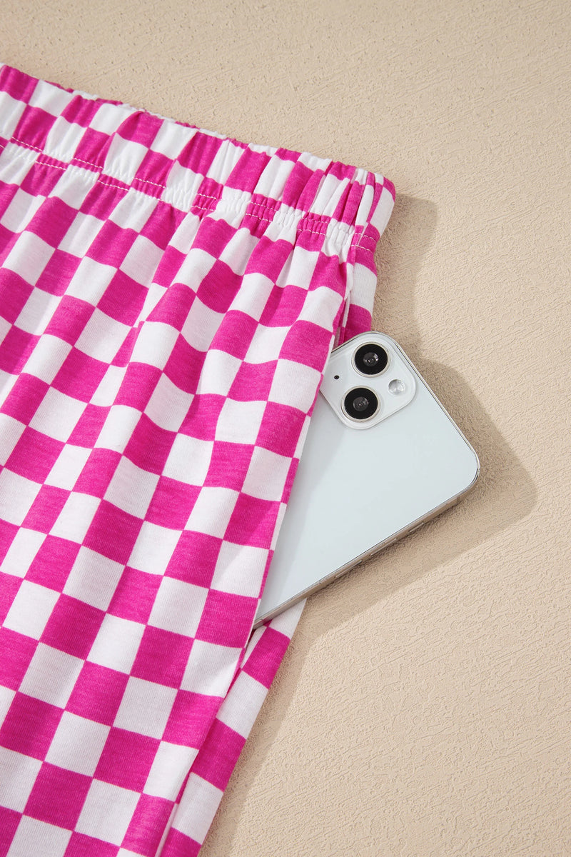 Load image into Gallery viewer, DLLS994 - Ladies Rose Checkered Print Half Sleeve Tee 2pcs Lounge Pant Set
