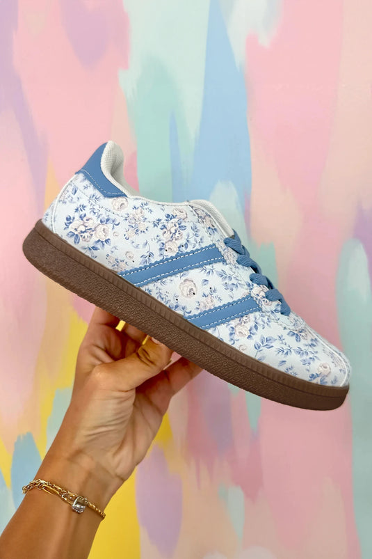 DLLSHOE 49 - Light Blue Floral Print Lace-Up PU Leather Flat Shoes