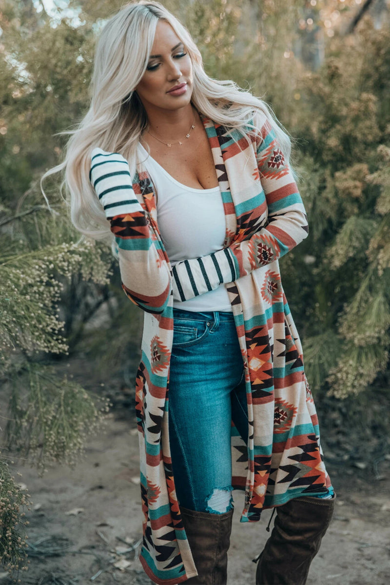 Load image into Gallery viewer, DLLS758 - Ladies Multicolor Geometric Color Block Open Front Long Cardigan
