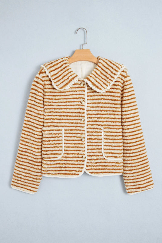 DLLS1023 - Ladies Brown Stripe Striped Fleece Button Front Long Sleeve Regular Fit Jacket