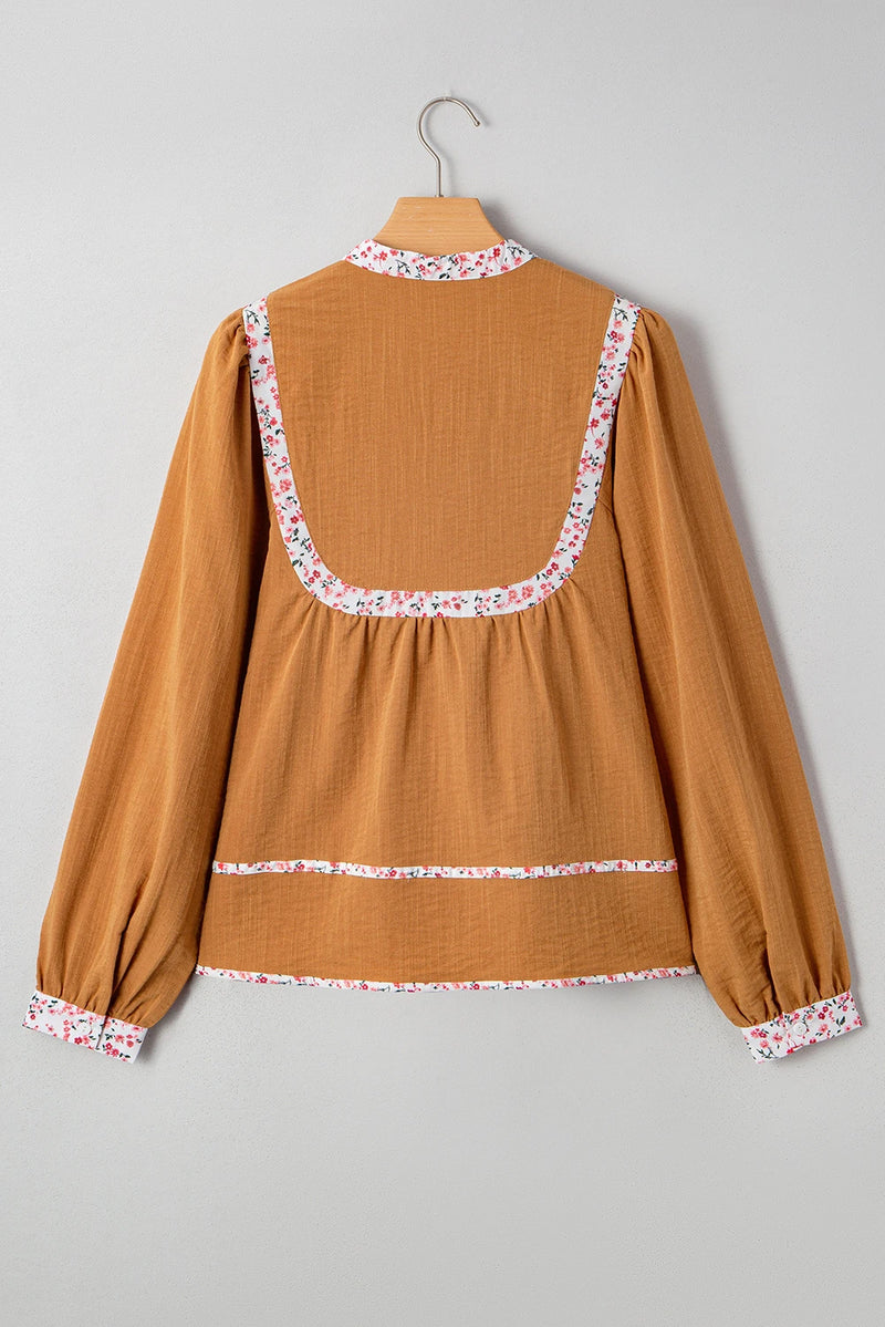Load image into Gallery viewer, DLLS911 - Ladies Straw Yellow Split Neck Pleated Floral Trim Long Puff Sleeve Blouse
