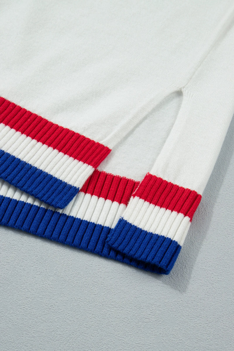 Load image into Gallery viewer, DLLS636 - Ladies White USA Contrast Striped Trim Round Neck Short Sleeve Sweater

