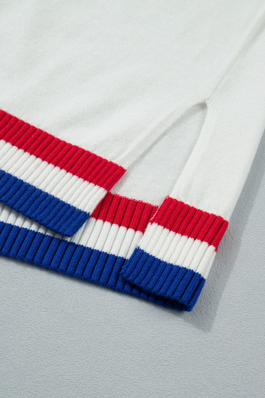 DLLS636 - Ladies White USA Contrast Striped Trim Round Neck Short Sleeve Sweater