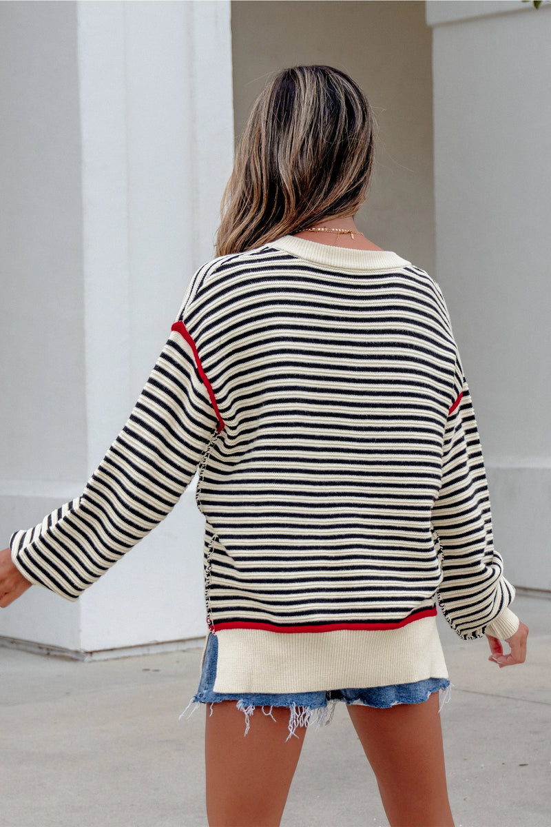 Load image into Gallery viewer, DLLS1082 - Ladies Black Stripe Ribbed Trim Drop Shoulder Oversized Sweater
