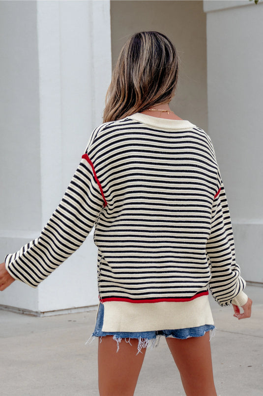 DLLS1082 - Ladies Black Stripe Ribbed Trim Drop Shoulder Oversized Sweater