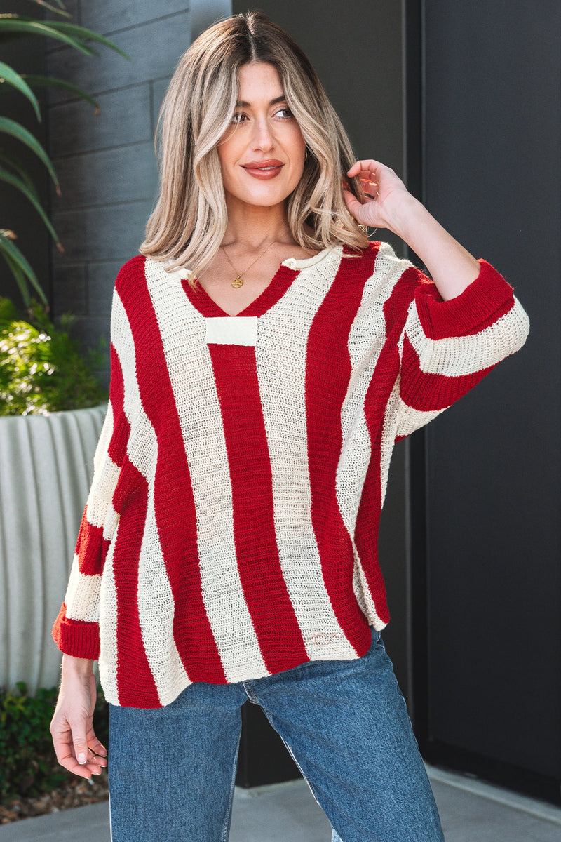 Load image into Gallery viewer, DLLS414 - Ladies Red Stripe Colorblock V Neck Bracelet Sleeve Sweater
