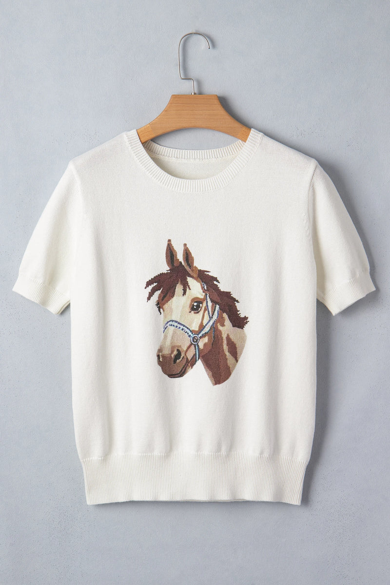 Load image into Gallery viewer, DLLS935 - Ladies White Wild West Horse Head Printed Short Sleeve Sweater
