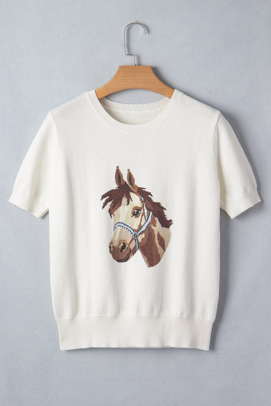 DLLS935 - Ladies White Wild West Horse Head Printed Short Sleeve Sweater