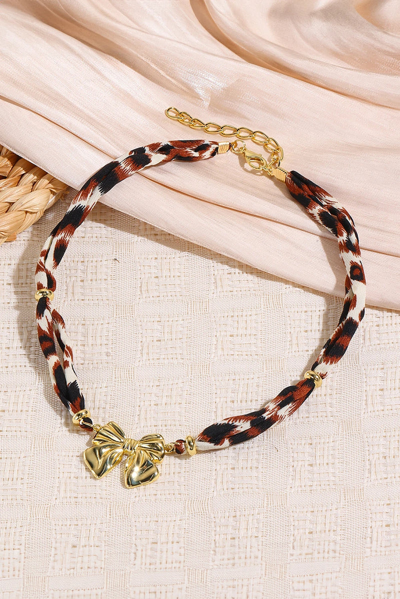 Load image into Gallery viewer, DLLNK 7 - Gold Plated Bow Charm Leopard Ribbon Necklace
