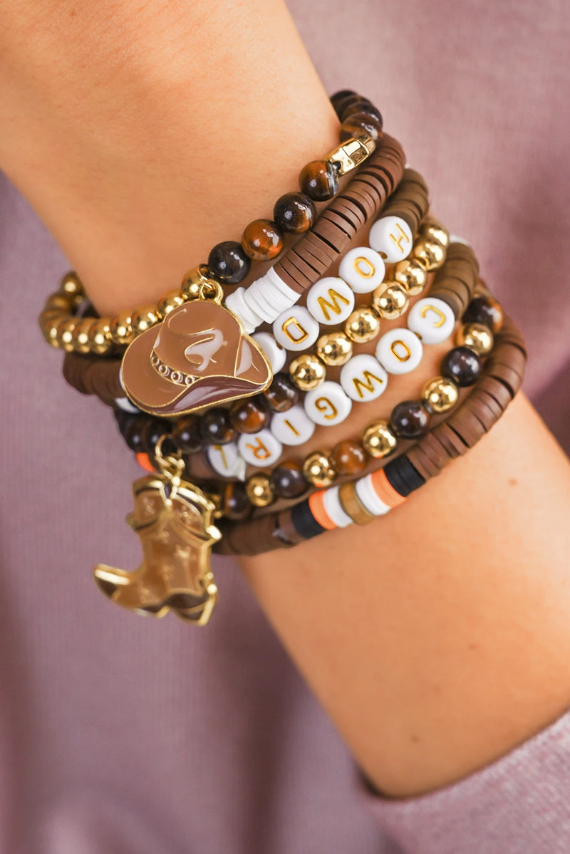Load image into Gallery viewer, DLLBC 19 - Coffee HOWDY COWGIRL Western Beaded 7pcs Stretch Bracelet Set
