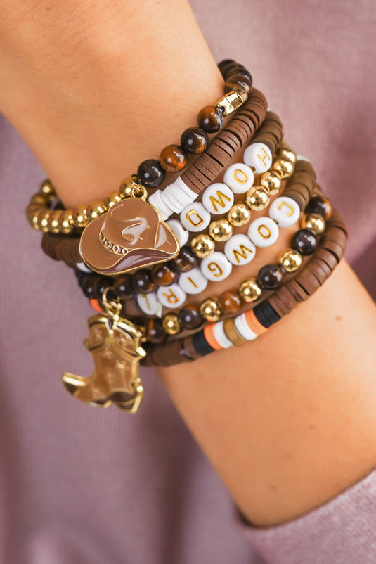 DLLBC 19 - Coffee HOWDY COWGIRL Western Beaded 7pcs Stretch Bracelet Set