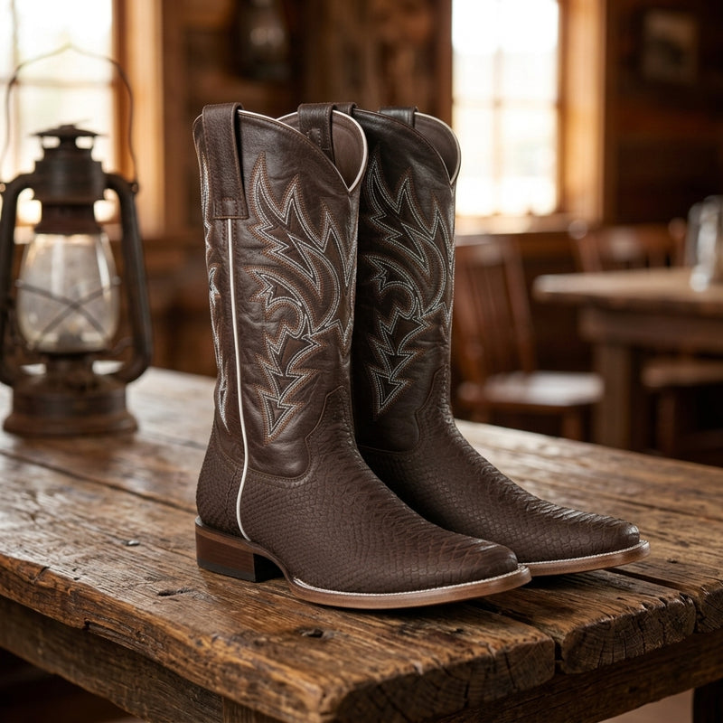 Load image into Gallery viewer, 8002 - RockinLeather Men's Sanded Chocolate Python Square Toe Western Boot
